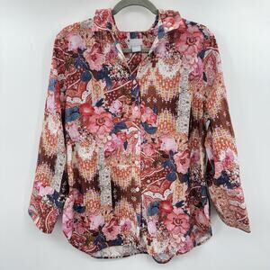 Chico's No-Iron Chic Stretch Button Up Shirt Sz 2 US 12 Pink Patchwork Floral
